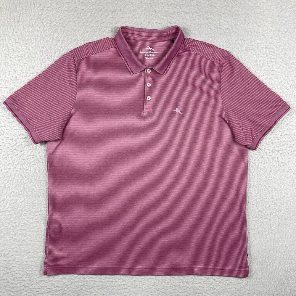 Tommy Bahama Polo Shirt Mens XXL Pink White Striped Preppy Casual Golfer Work
